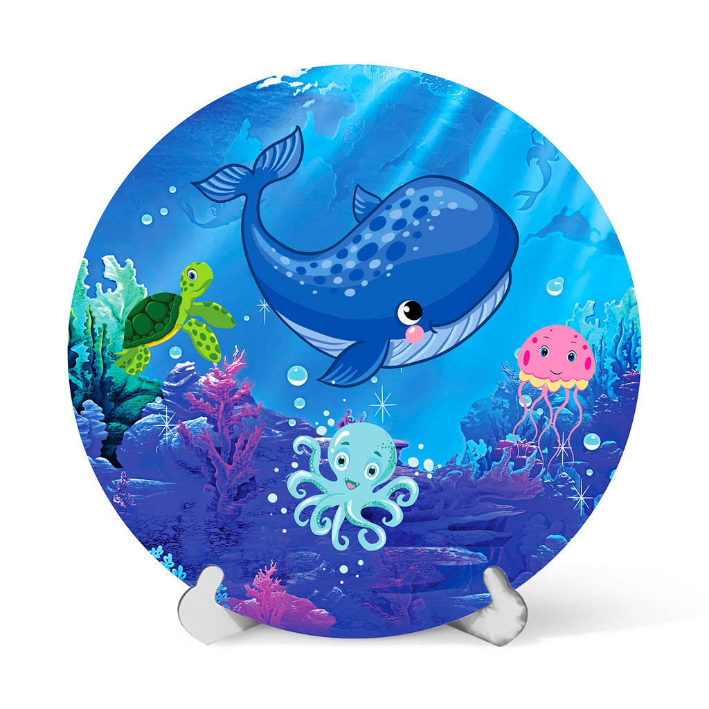 Painel Redondo Mesa Fundo do Mar, Baleia, tartaruga Sublimado C/ Elástico 50×50Cm em Oferta na Shopee