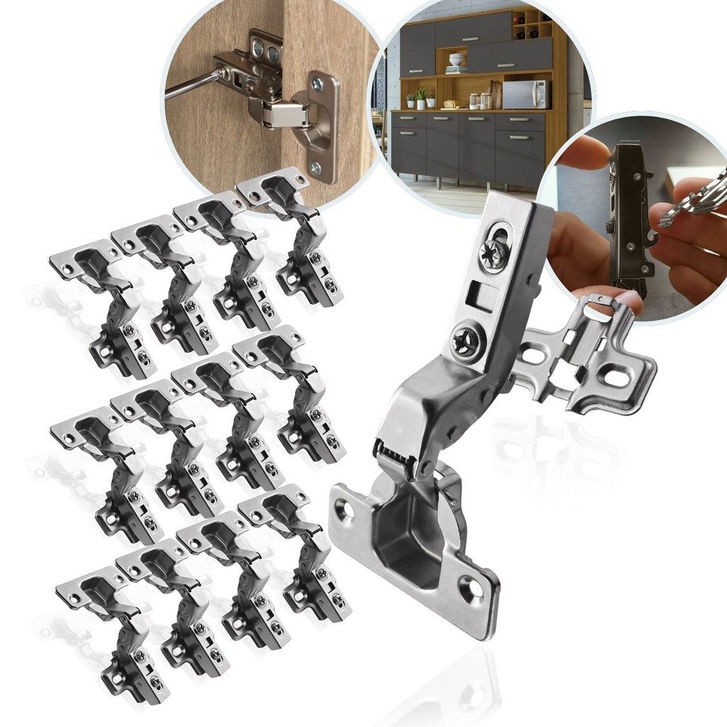 Kit 20 Dobradiça Super Curva Embutir 35mm Click Amortecedor Portas Móveis Armário Caneco Resistente Mola Calço Soft