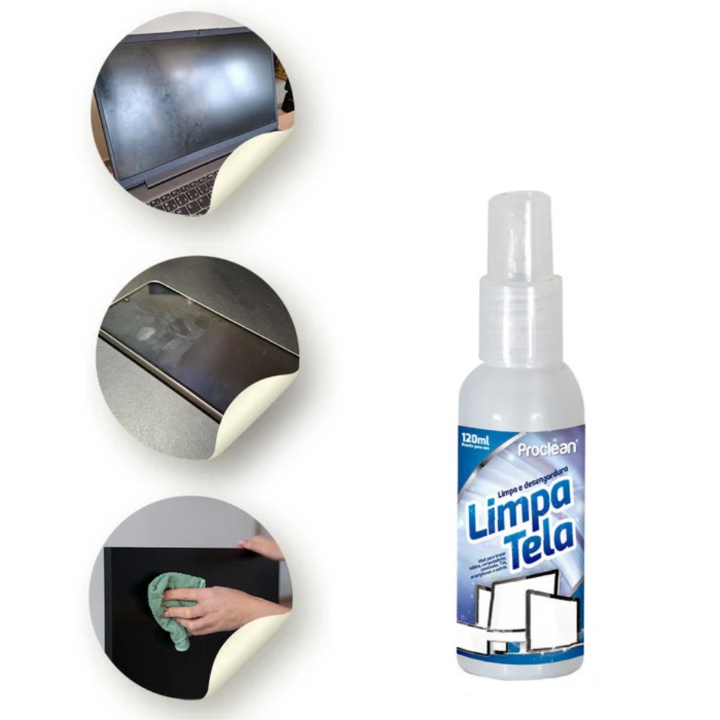 Limpa Tela 120ml Remove Manchas Poeira e Gordura de Celular TV Computador Tablet Iphone ProClean