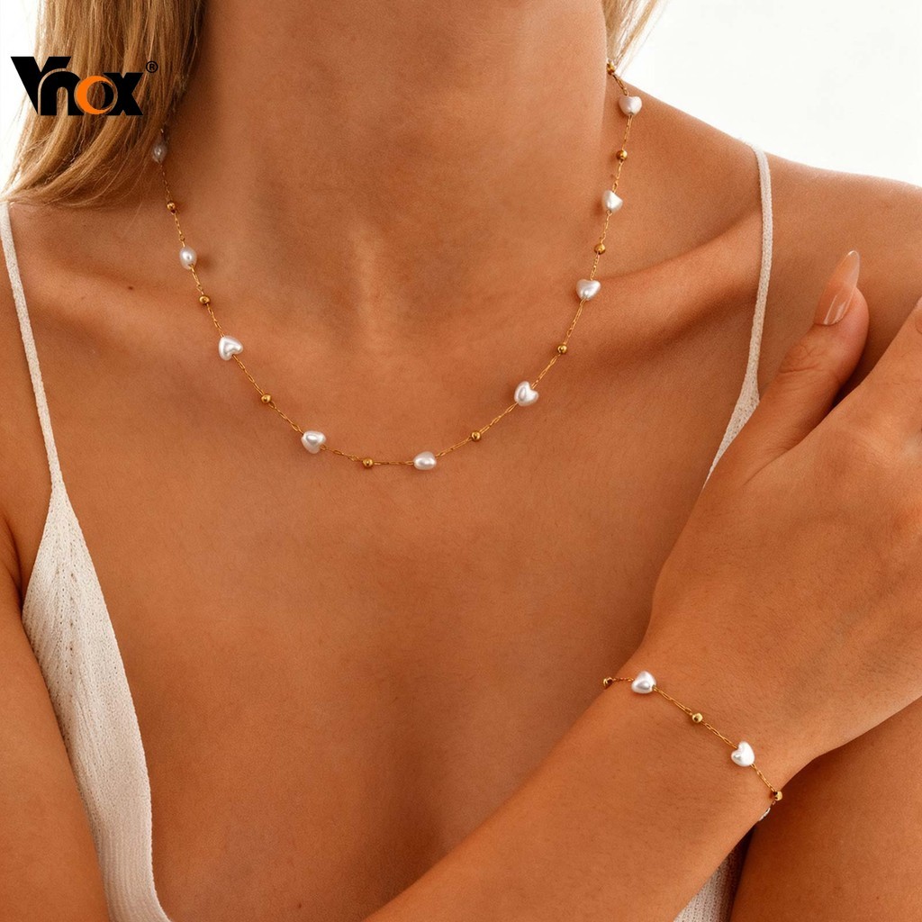 Vnox Ouro Link Corrente Pulseira Colar Conjunto Ajustável Em Forma De Coração Pérola 2 Pçs À Prova Dwaterproof Água Femi