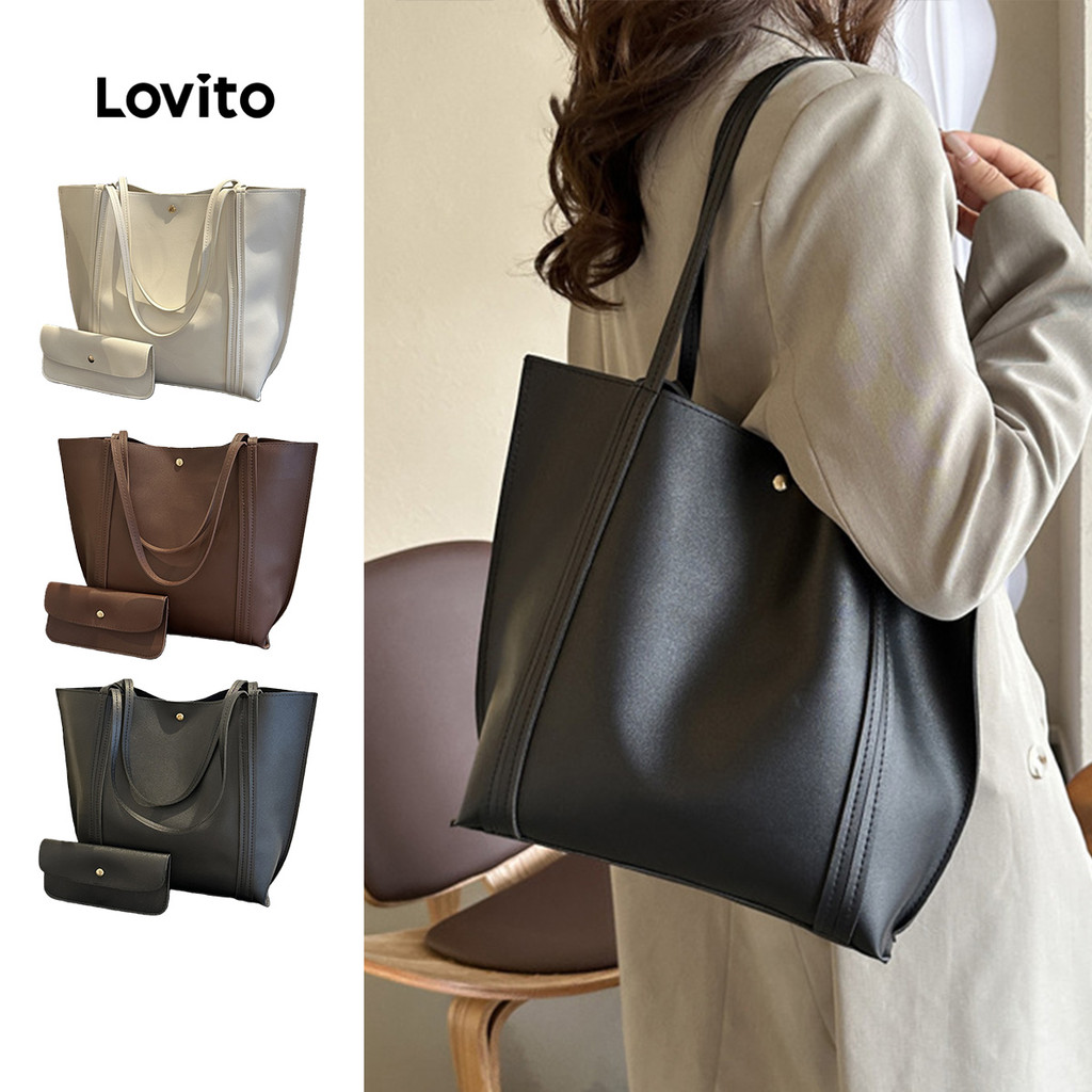 Lovito Bolsa Tote de Ombro Básica para Mulheres LFA04002 (Café/Branco/Preto) em Oferta na Shopee