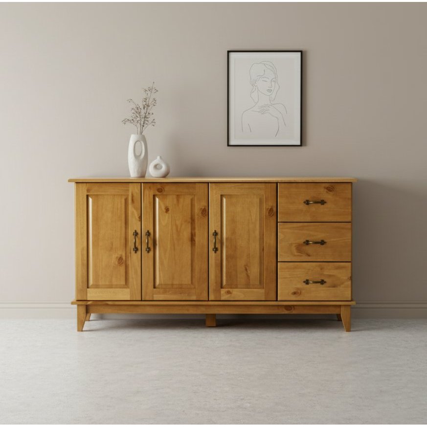 Buffet Aparador 3 Portas 3 Gavetas Madeira Maciça Carvalho Bella 156