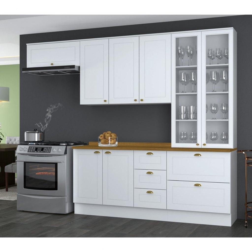 Cozinha Compacta 5 Peças 8 Portas 5 Gavetas Tampo Amadeirado Emily Espresso Móveis Branco HP/Nature em Oferta na Shopee