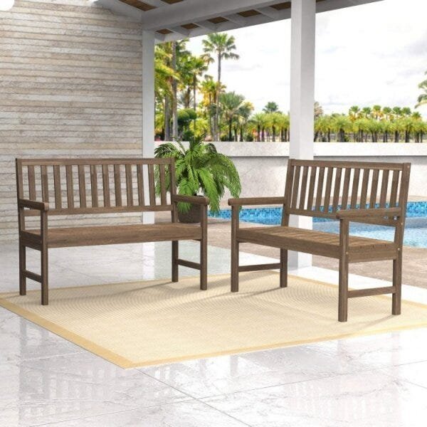 Conjunto Bancos de Jardim 2 Lugares e 1 Lugar Rústico com Encosto Envelhecido Móve em Oferta na Shopee