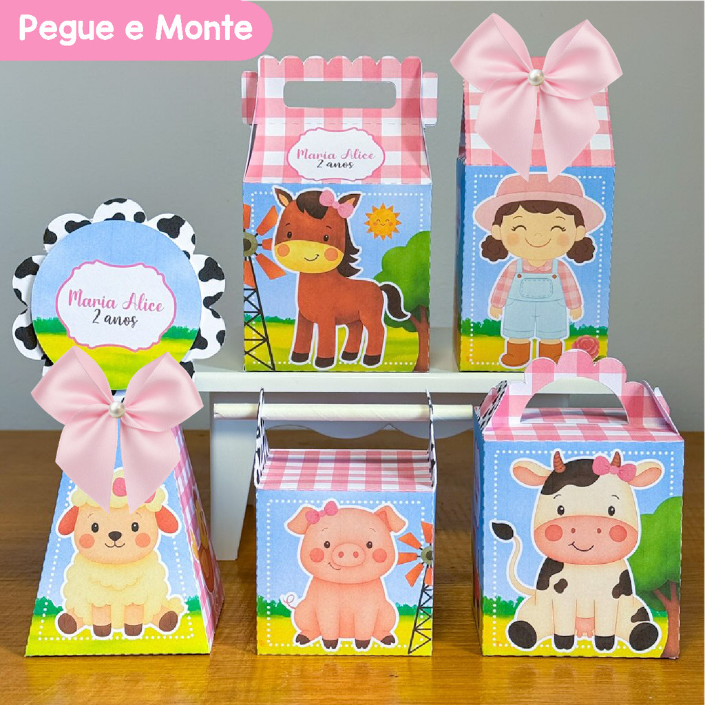 Kit Festa Fazendinha Rosa Menina | Personalizados | Lembrancinhas | Caixinhas para Festa | (Pegue e Monte)