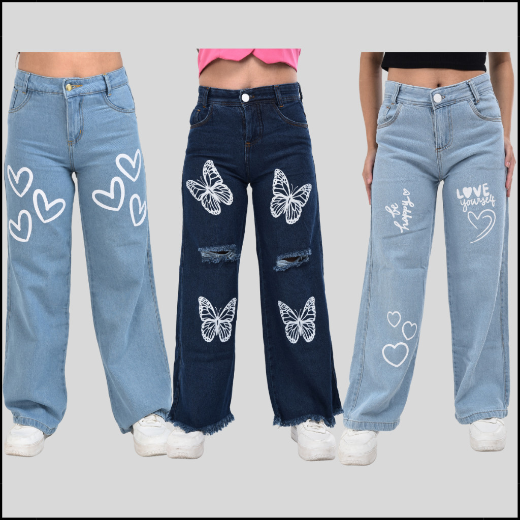 Kit 3 Calças jeans Wide Leg  Estampada Menina Infantil e Juvenil verão