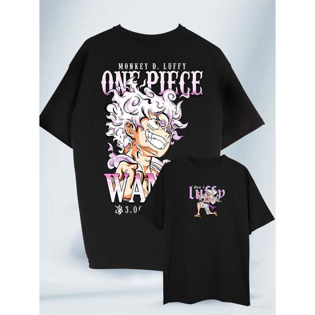 Camiseta Preta Unissex, Design com Luffy Gear 5 de One Piece "ONE PIECE" "WANO", Estilo Anime Vintage