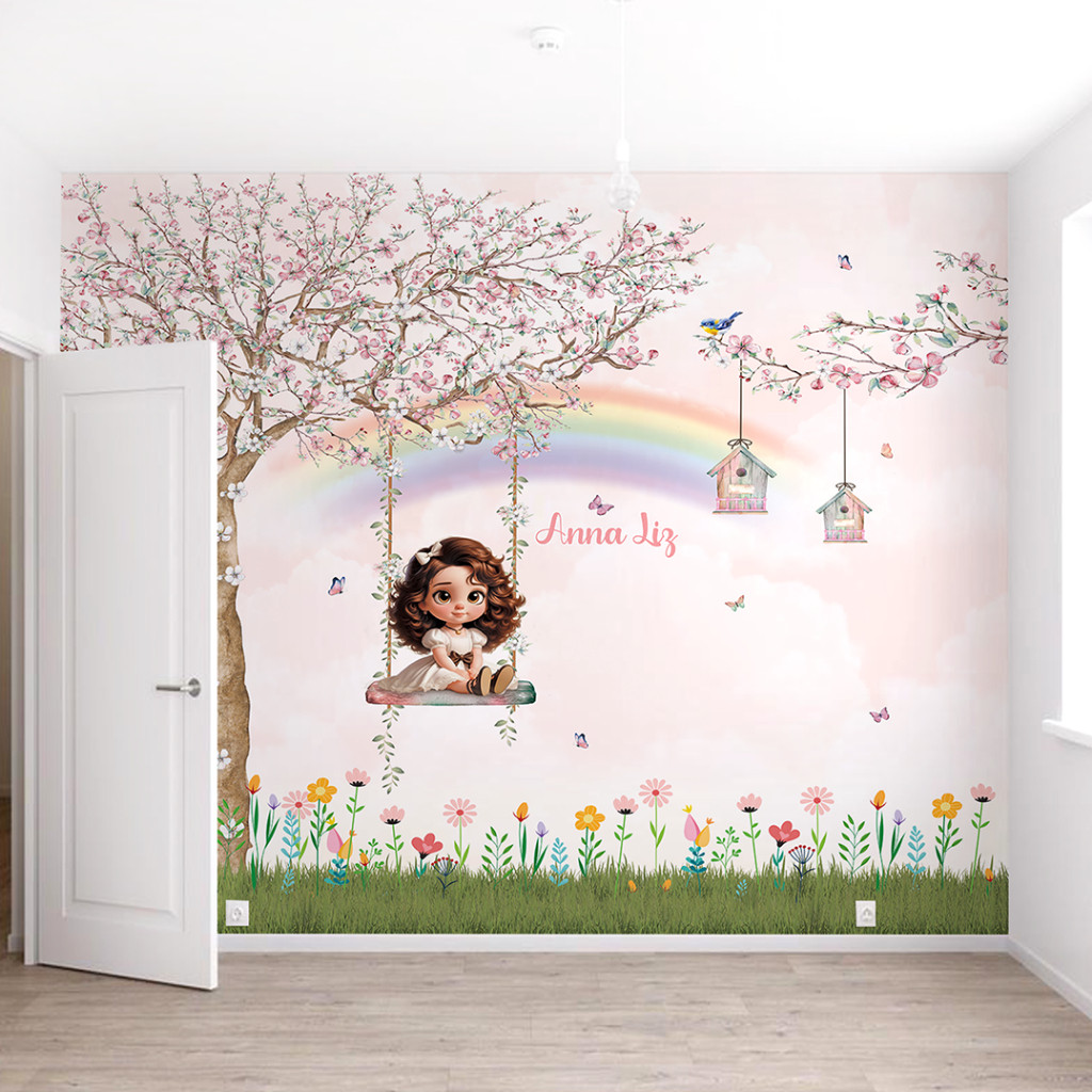 Papel de Parede Adesivo Infantil Jardim Encantado e Menina no Balanço Para Decorar Quarto Sob Medidas