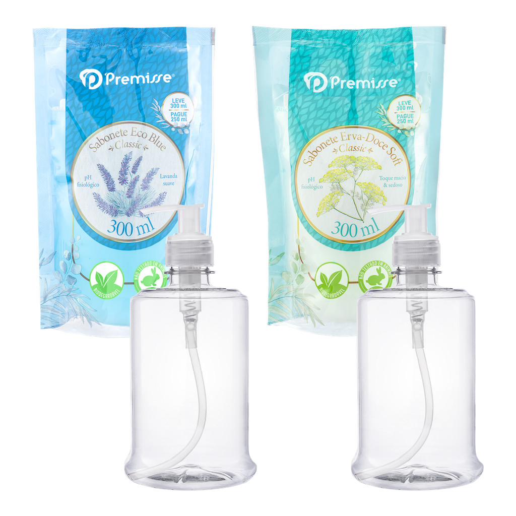 2 Kits Frasco Pump 500ml + Sabonete Refil 300ml Erva-Doce ou Eco Blue - Premisse