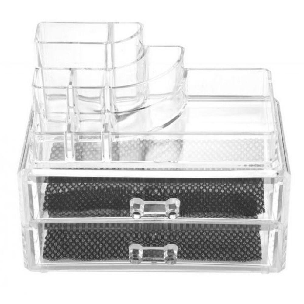 ORGANIZADOR PORTA MAQUIAGEM ACRILICO COM 2 GAVETAS MALETA PARA COSMETICOS ESMALTES BATOM PINCEL E JOIAS