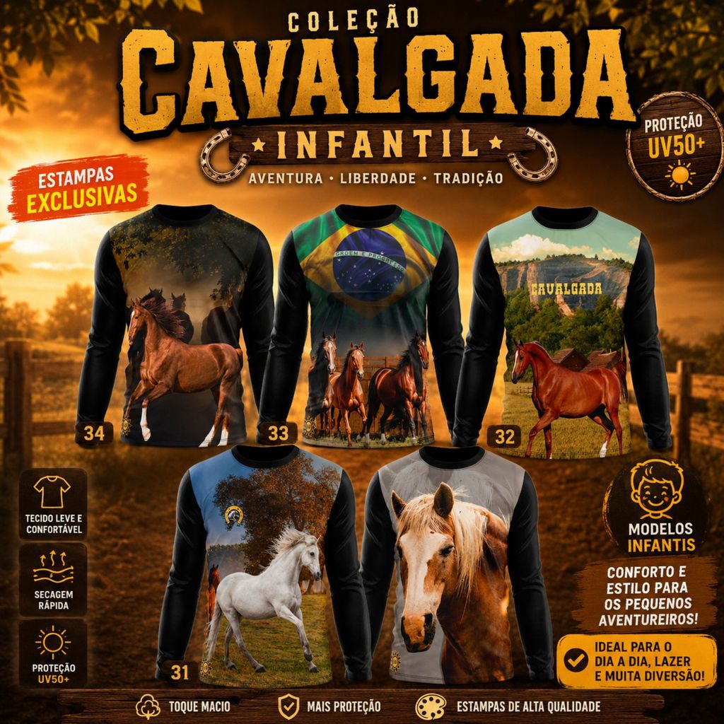 INFANTIL Camisa Camiseta Masculino e Feminino Cavalo Muladeiros Proteçao solar UV