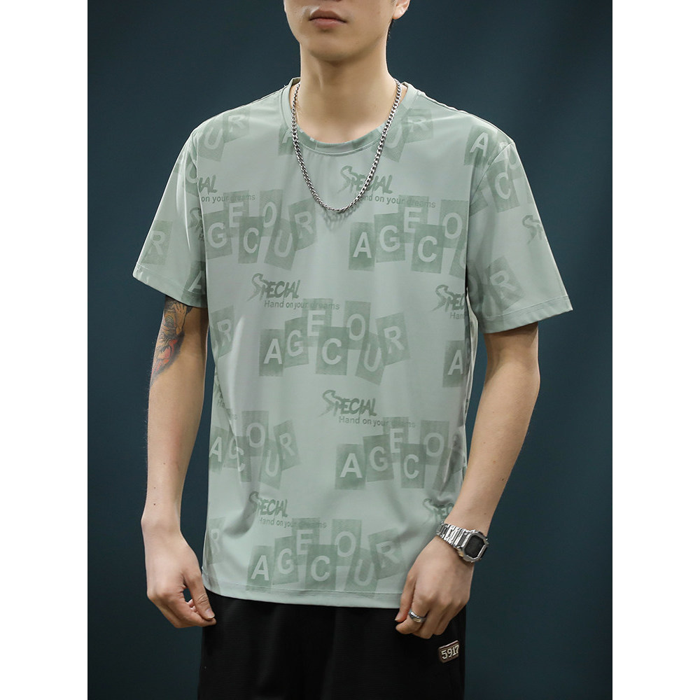 Carta impressa exclusiva em torno do pescoço camiseta masculina de manga curta roupas superiores roupas masculinas 2505