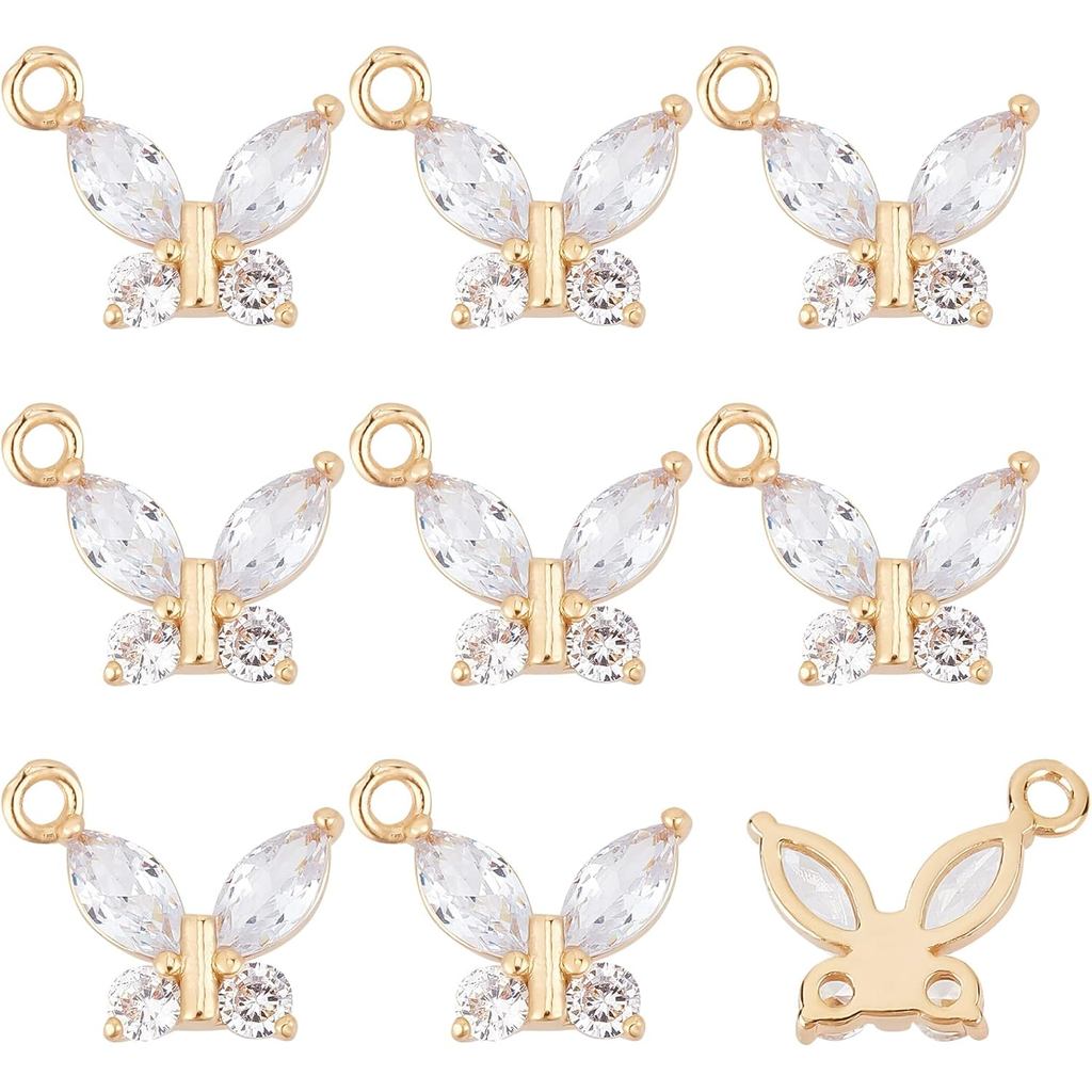 BENECREAT 10 Peças de Pingentes de Borboleta Dupla em Zircônia Cúbica, Latão Banhado a Ouro 14K, Micro Pavê de Zircônia 
