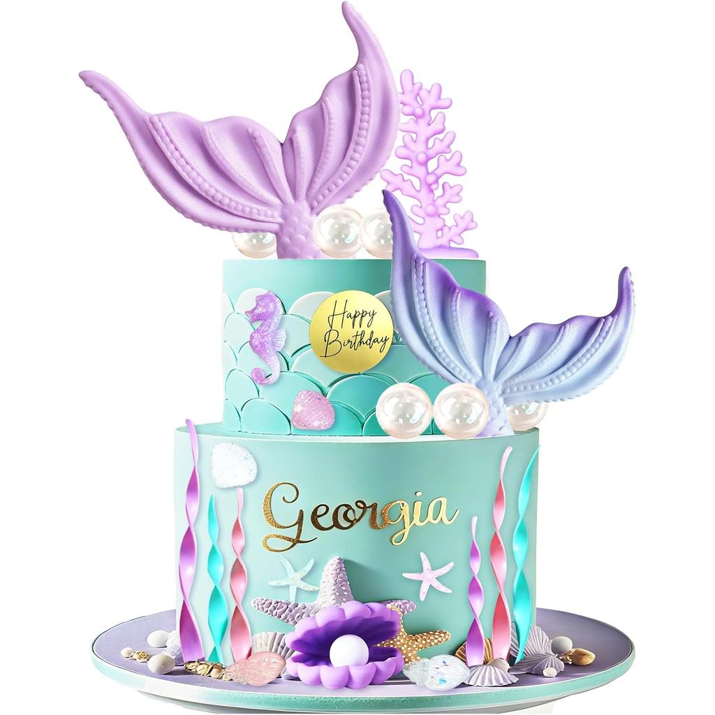 Topper de Bolo Sereia, Decorações de Bolo Cauda de Sereia Fundo do Mar com Concha, Estrela-do-mar e Coral para Festa de 