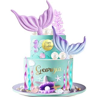 Topper de Bolo Sereia, Decorações de Bolo Cauda de Sereia Fundo do Mar com Concha, Estrela-do-mar e Coral para Festa de 