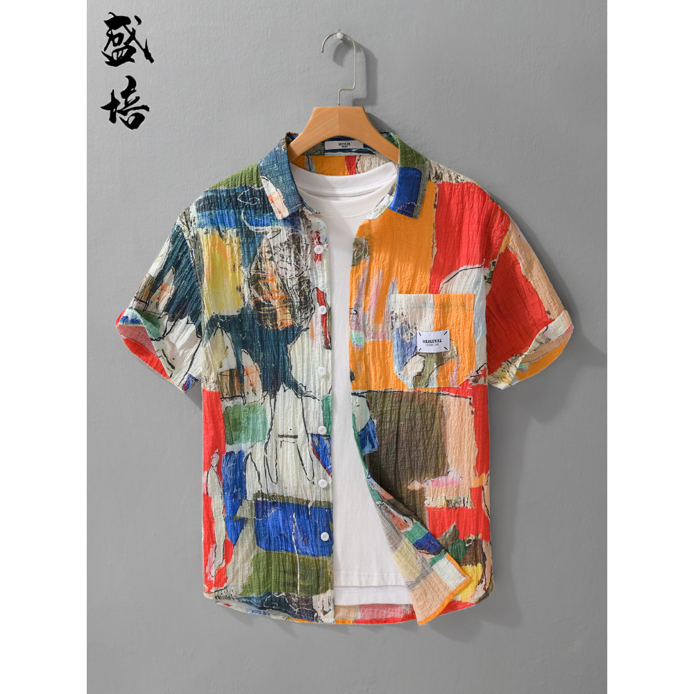 Francês preguiçoso masculino impresso roupas de seda gelo verão legal sentimento estilo férias Polegada camisa Yuppie Hi
