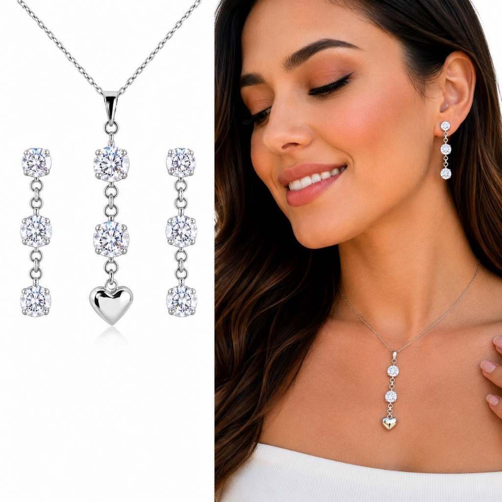 Conjunto colar e brinco feminino antialérgico aço inoxidável zircônia coração