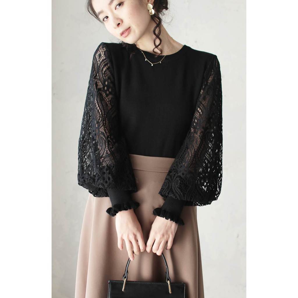 Pedido exterior Japão Coreia Lotte Outono feminino renda manga bufante moda Casual pulôver suéter Top
