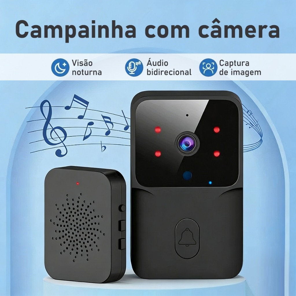 Vídeo Porteiro Sem Fio Wi-Fi HD Campainha Inteligente com Câmera Segurança Residencial Visão Noturna Para Casa