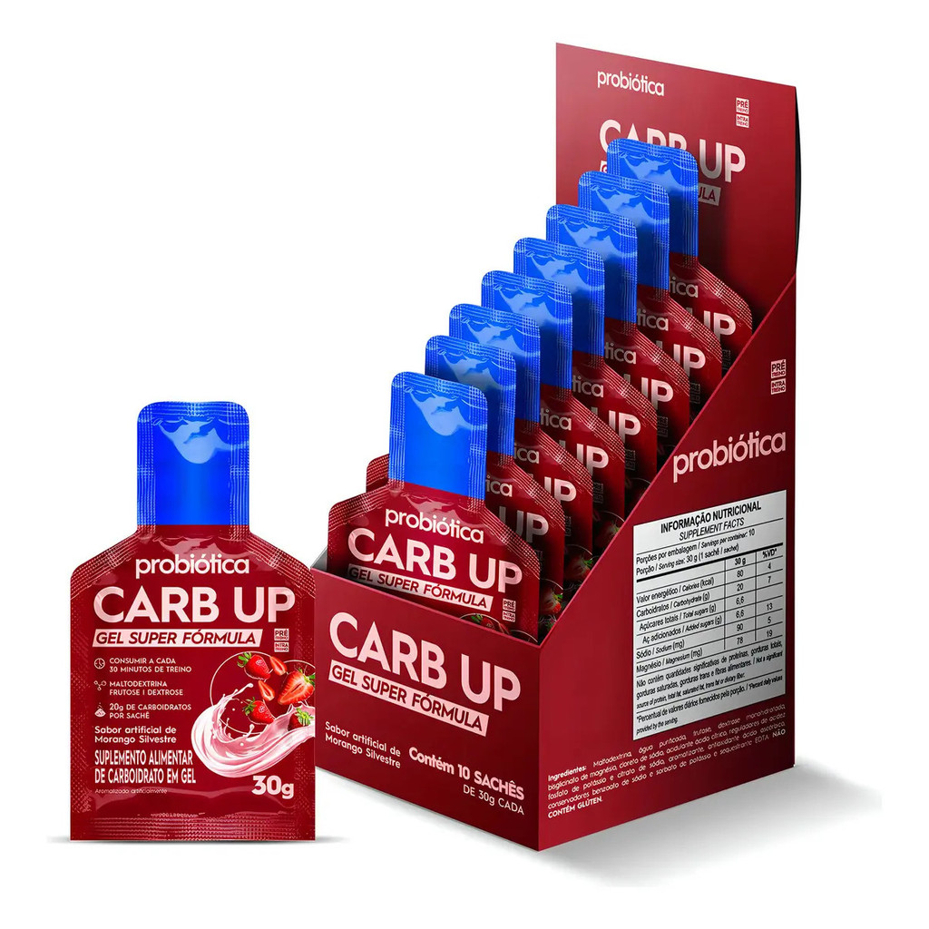 Carb Up Gel Super Fórmula Display 10 Sachês Morango Silvestre Probiótica