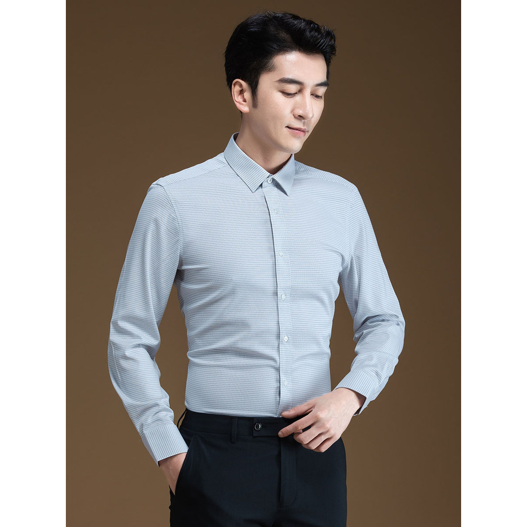 Camisa xadrez cinza masculina manga longa primavera outono fino negócios Casual versão coreana magro-ajuste camisa mascu