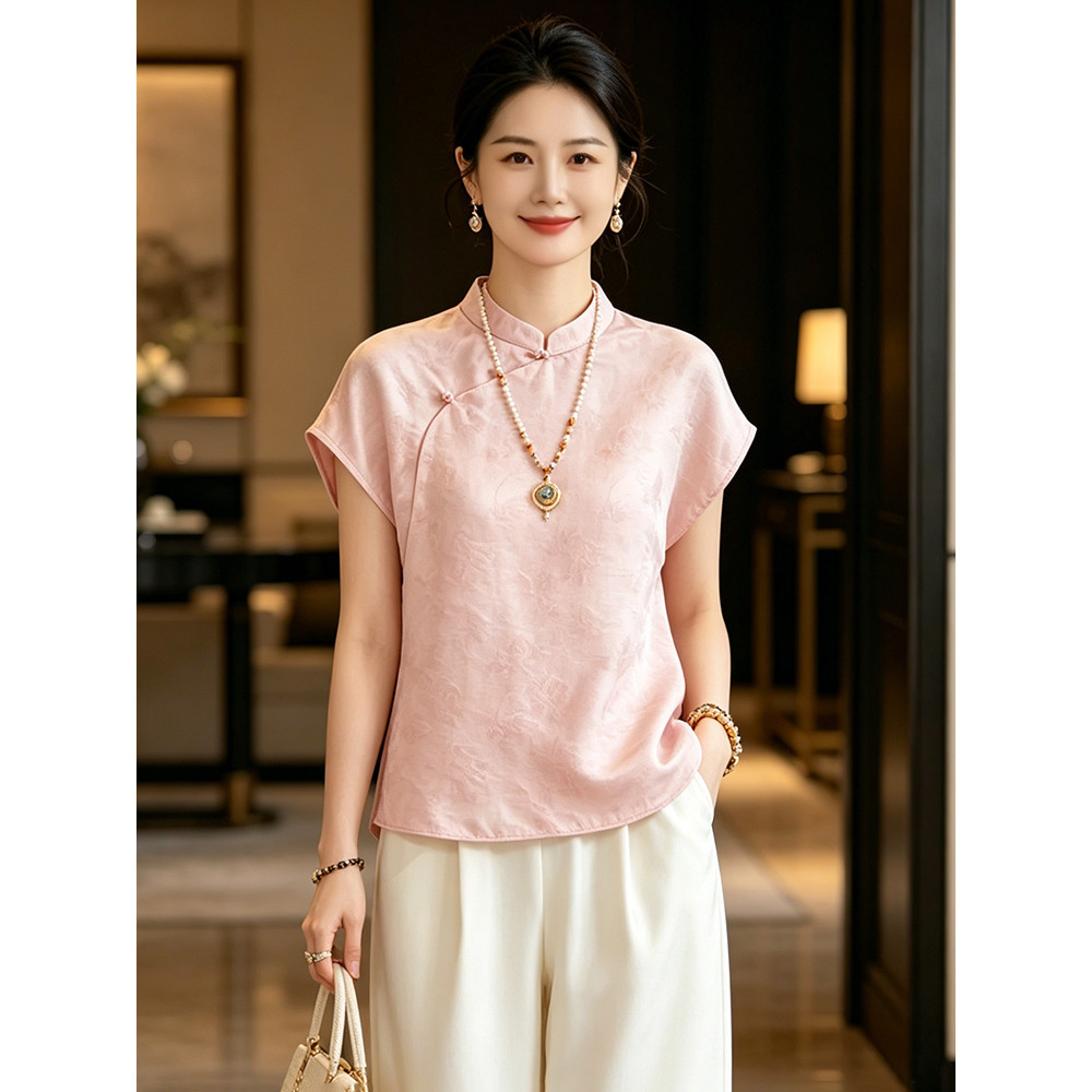 Novo estilo chinês leve legal seda flutuante brocado gola camisa feminina 2026 verão novo estilo solto manga voadora top