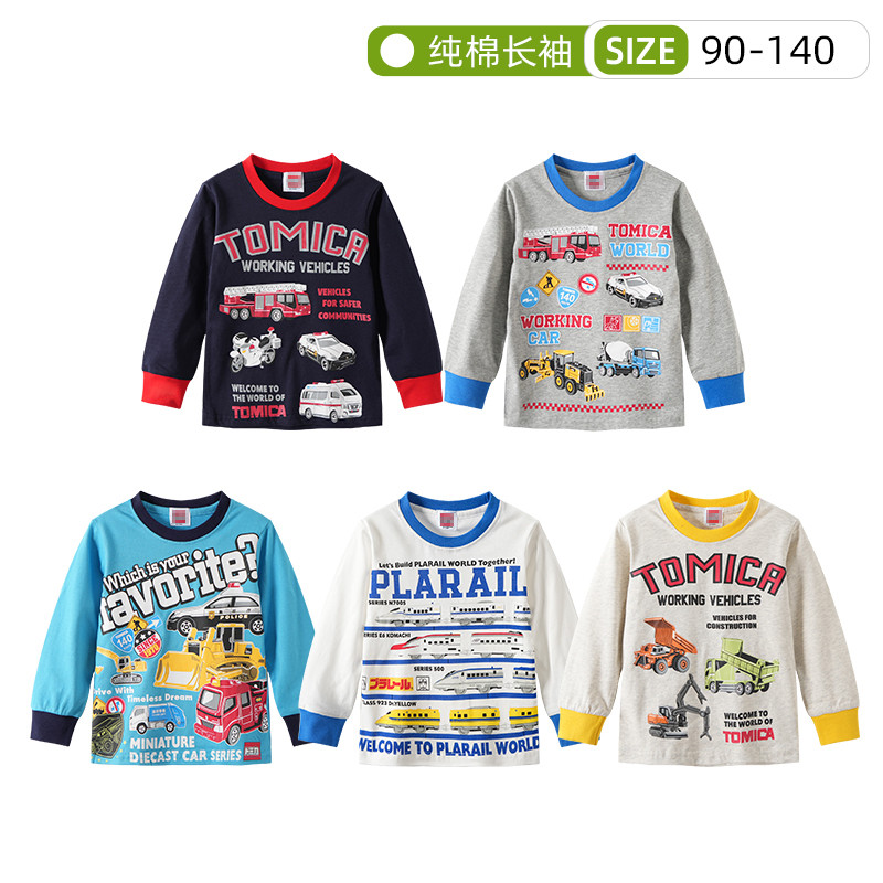 Meninos puro algodão de manga comprida camiseta primavera outono crianças dos desenhos animados carro escavadeira camisa