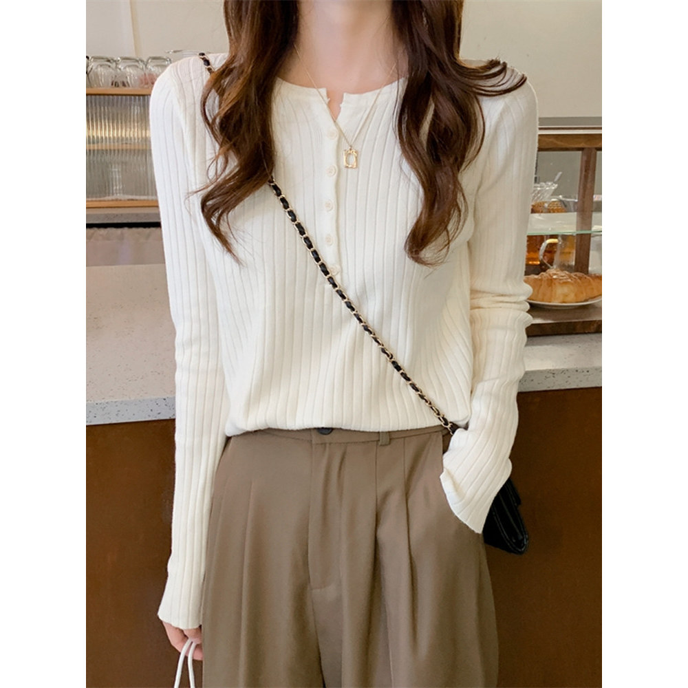Coreano chique de manga comprida camisa de fundo de malha feminina primavera outono moda elegante estilo ocidental camis