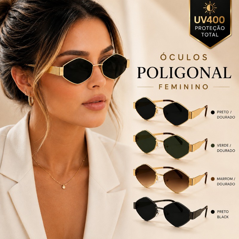 Óculos De Sol Premium Luxuosos Poligonais UV400 Femininos