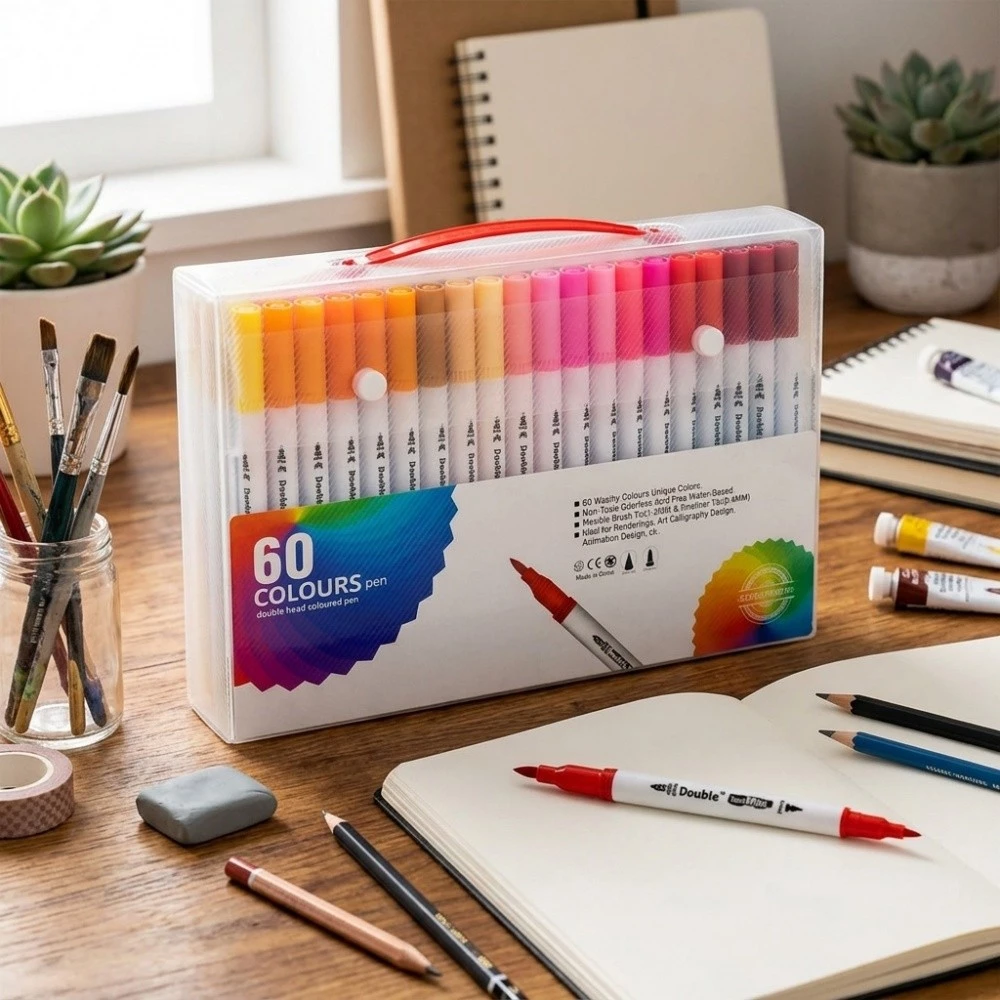 Coleção Canetas Marcadores Ponta Dupla Pincel Brush Pen Fina 0.4mm Tinta Viva Desenho Escolar Papelaria — imagem 1