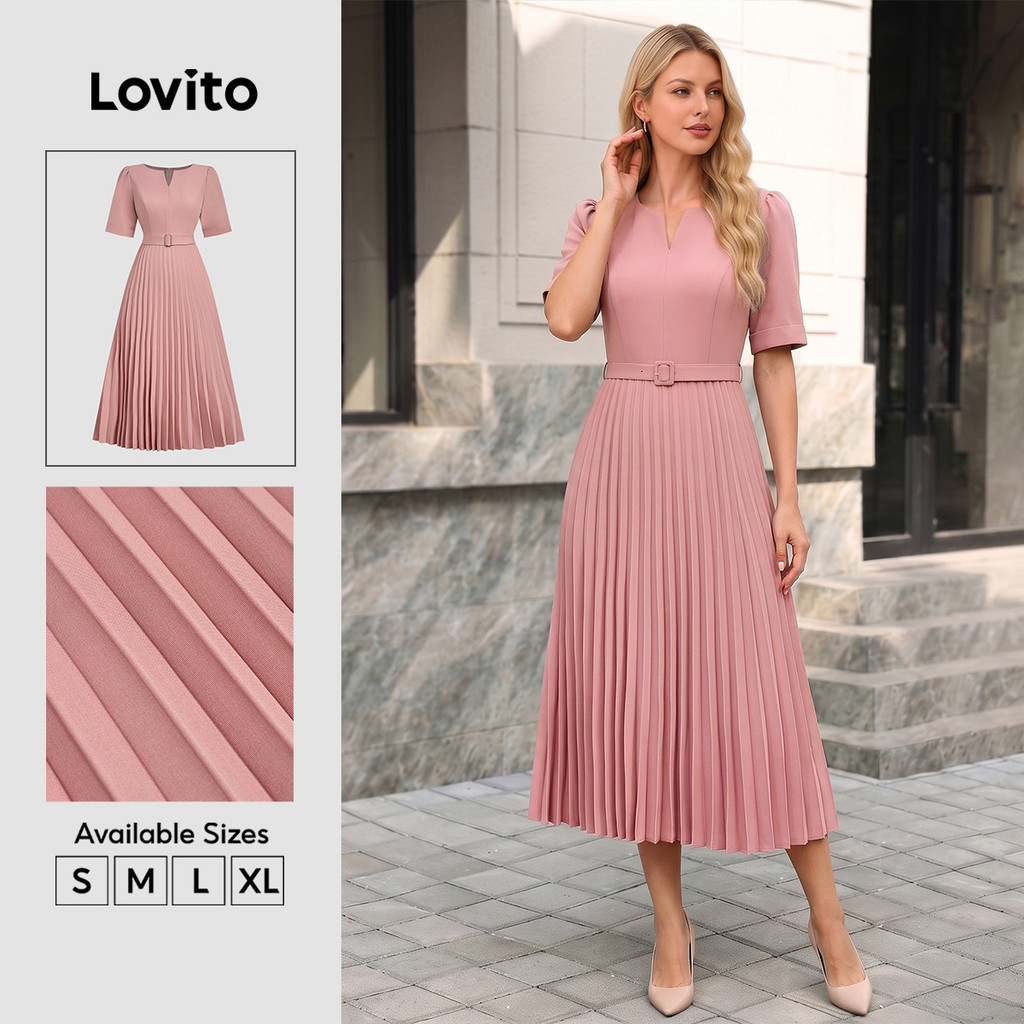 Lovito Elegante Vestido Plissado com Cinto para Primavera/verão Rosa para Mulheres LBL33117