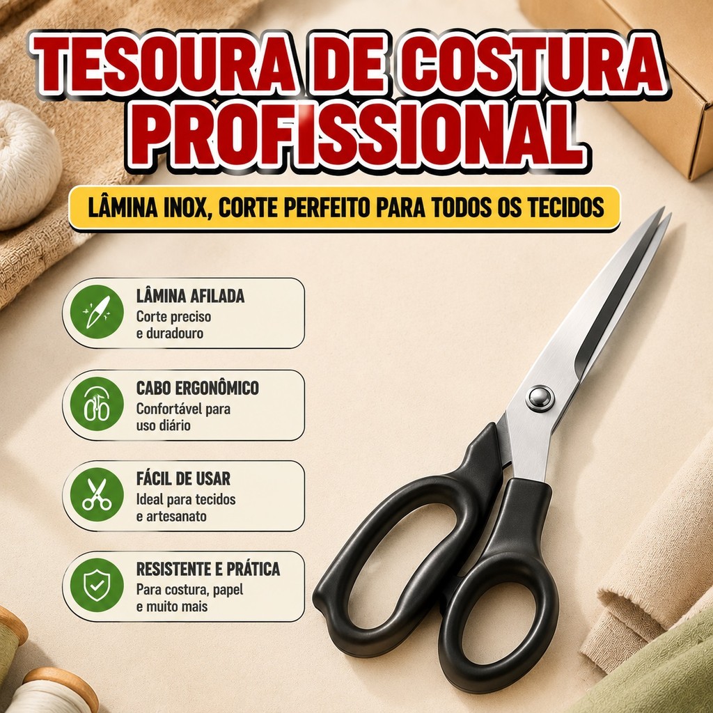 Tesoura Multiuso de Aço Inoxidável com Cabo Ergonômico e Durável para Escritório, Casa, Escola, Costura, Artesanato