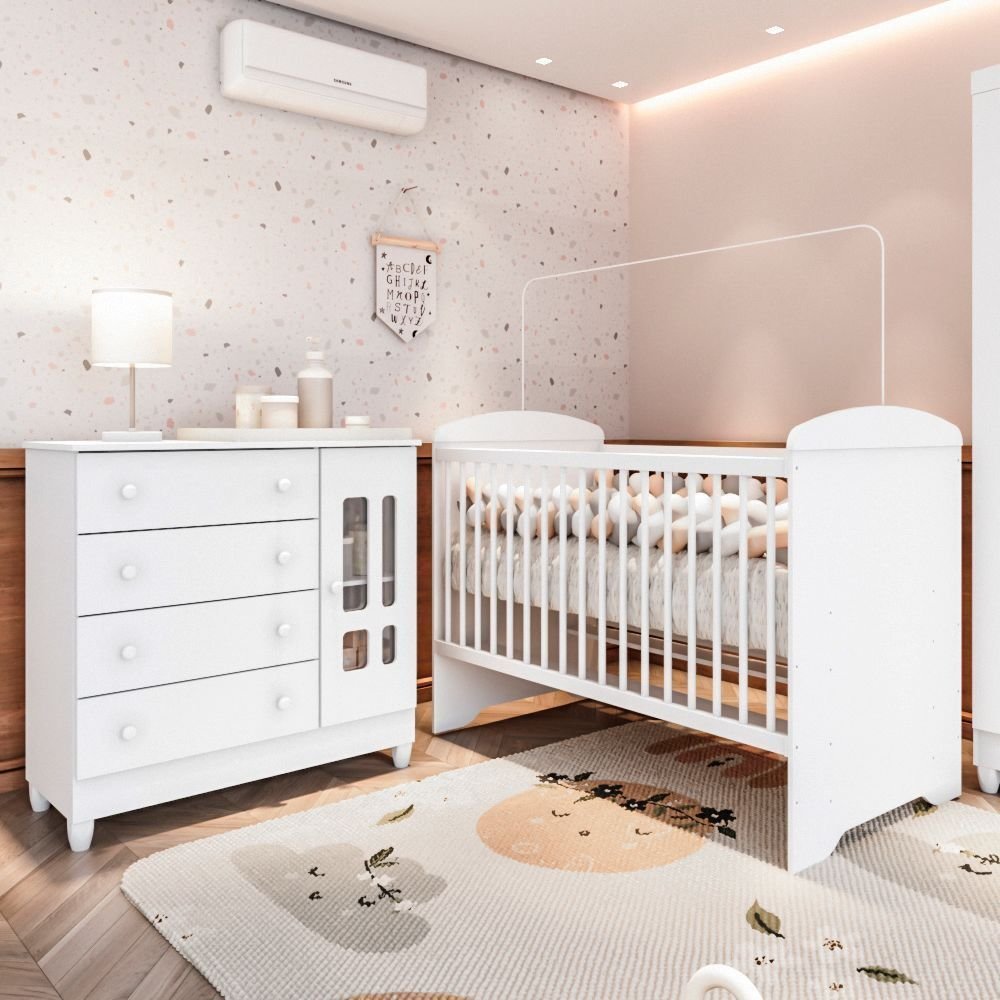 Conjunto Quarto Bebê Berço Americano 3EM1 Eloá Cômoda Infantil 4 Gavetas 1 Porta 100% MDF Branco Branco