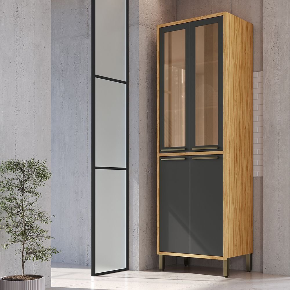 Paneleiro Duplo com 4 Portas e Vidro Reflecta 100% MDF Vicenza Espresso Móveis Cinza/Amêndoa/Chumbo Amêndoa/Chumbo