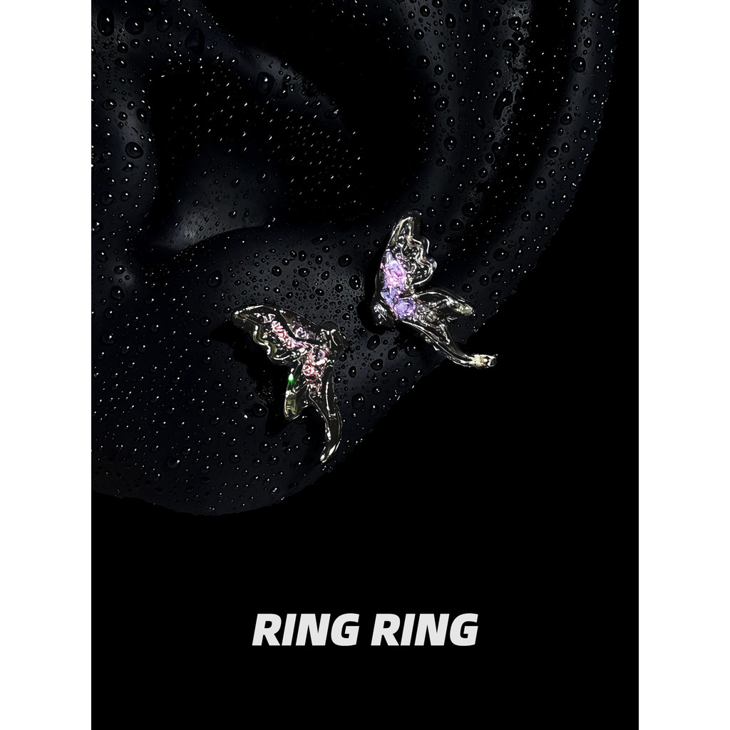 Roxo nevoeiro sombra borboleta RINGRING loja duplo perfurado brincos médicos titânio aço brincos borboleta brincos femin