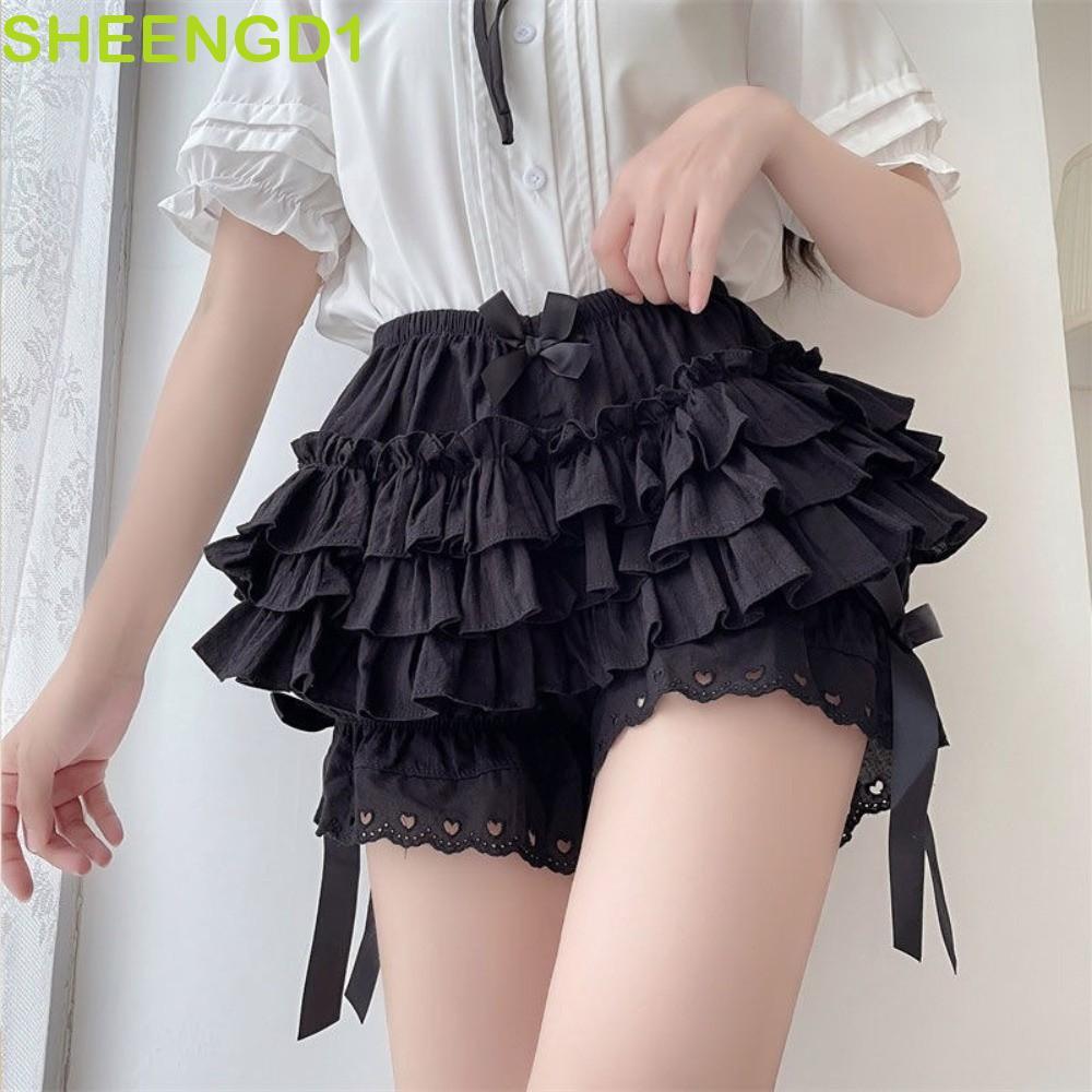 SHEENGD1 Shorts Bloomers , Calças De Segurança Com Laço De Renda Em Camadas Plissadas Abóbora Antirreflexo JK Lolita Bab