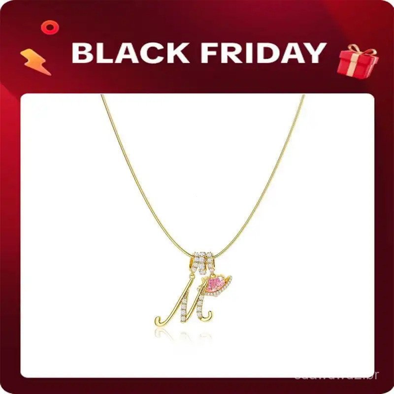 Colar com Pingente de Letras A-Z em Ouro 14K Banhado a Ouro Tewiky, Colar de Cadeia em Forma de Coração Rosa com Zircôni