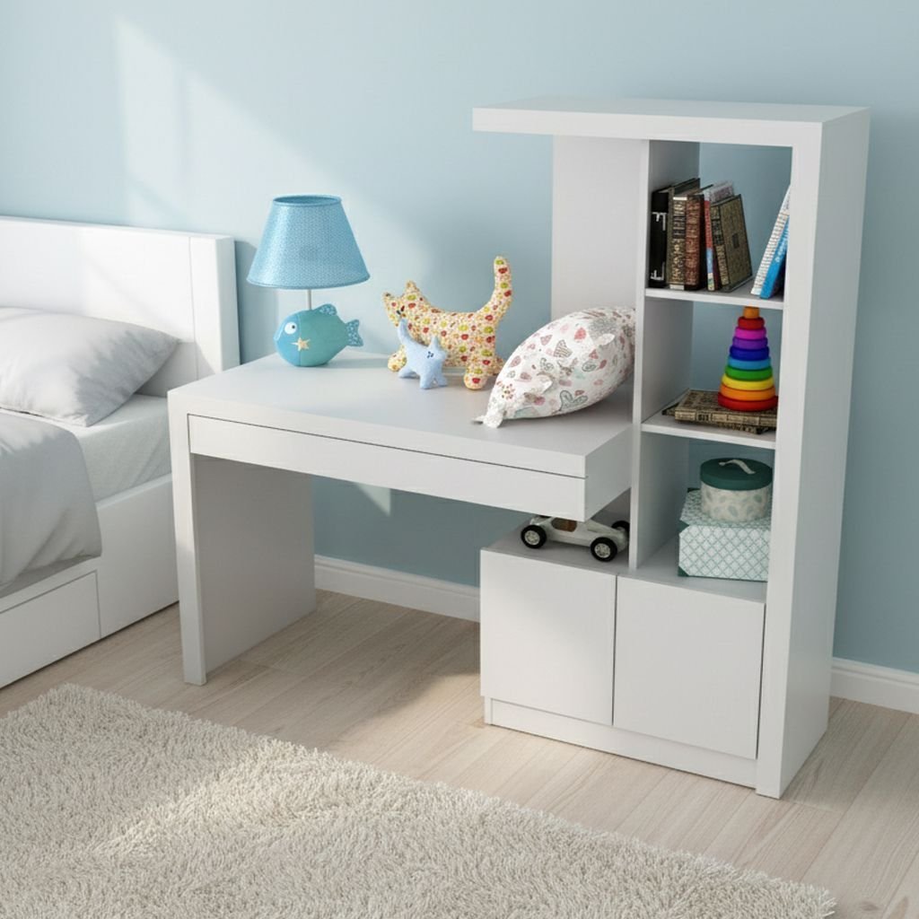 Escrivaninha Mesa Escritório com Estante ME4143 1 Gaveta 2 Portas 122,5cm Branca Branco