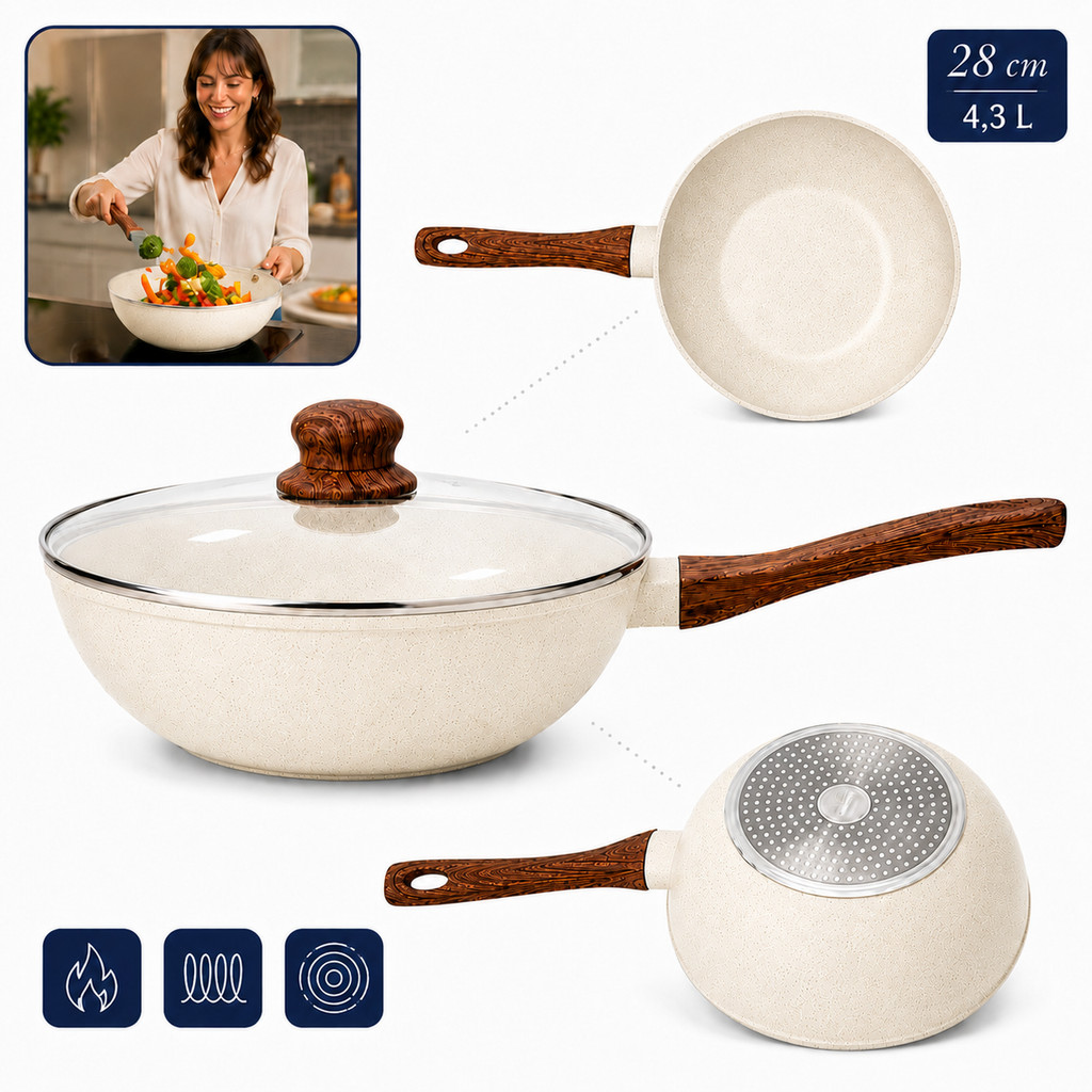 Frigideira Antiaderente Wok Em Cerâmica Grande Com Tampa Em Vidro Para Fogão De Indução Gás 28cm 4,3 Litros Creme Tippi