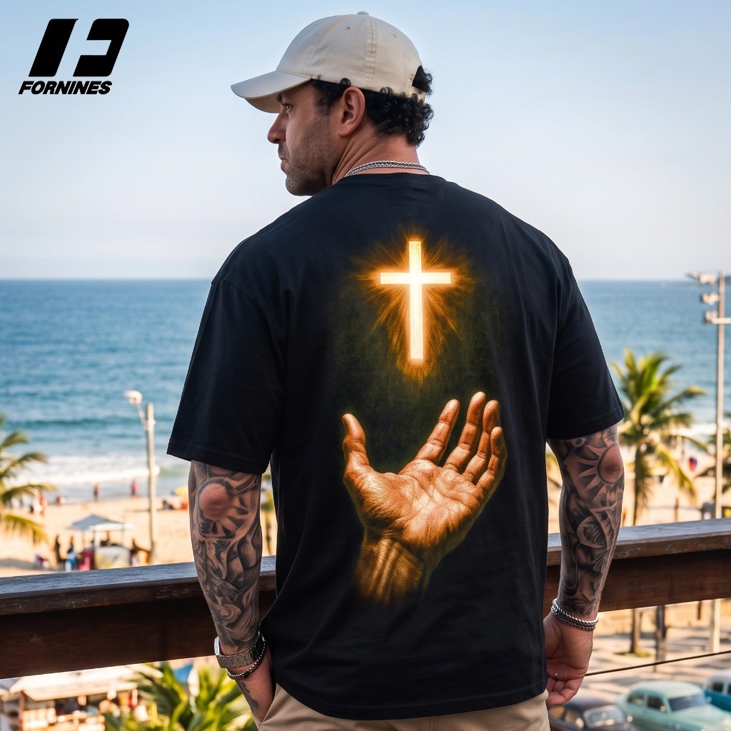 Camiseta Religiosa Cruz Iluminada Fé Jesus 100% Algodão Penteado Estampa Grande Profissional Streetwear Unissex Oversize