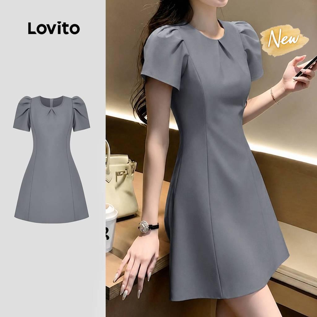 (New Arrival) Lovito Vestido Casual Cinza de Verão/primavera com Pregas e Linhas