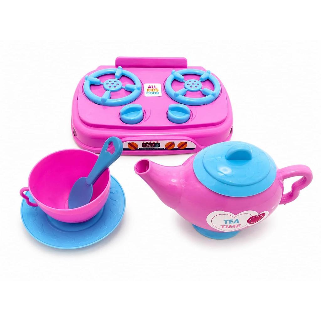 Kit  com Fogão de Brinquedo, Bule, Xícara, Pires e Colher  Cozinha Infantil Faz de Conta Rosa
