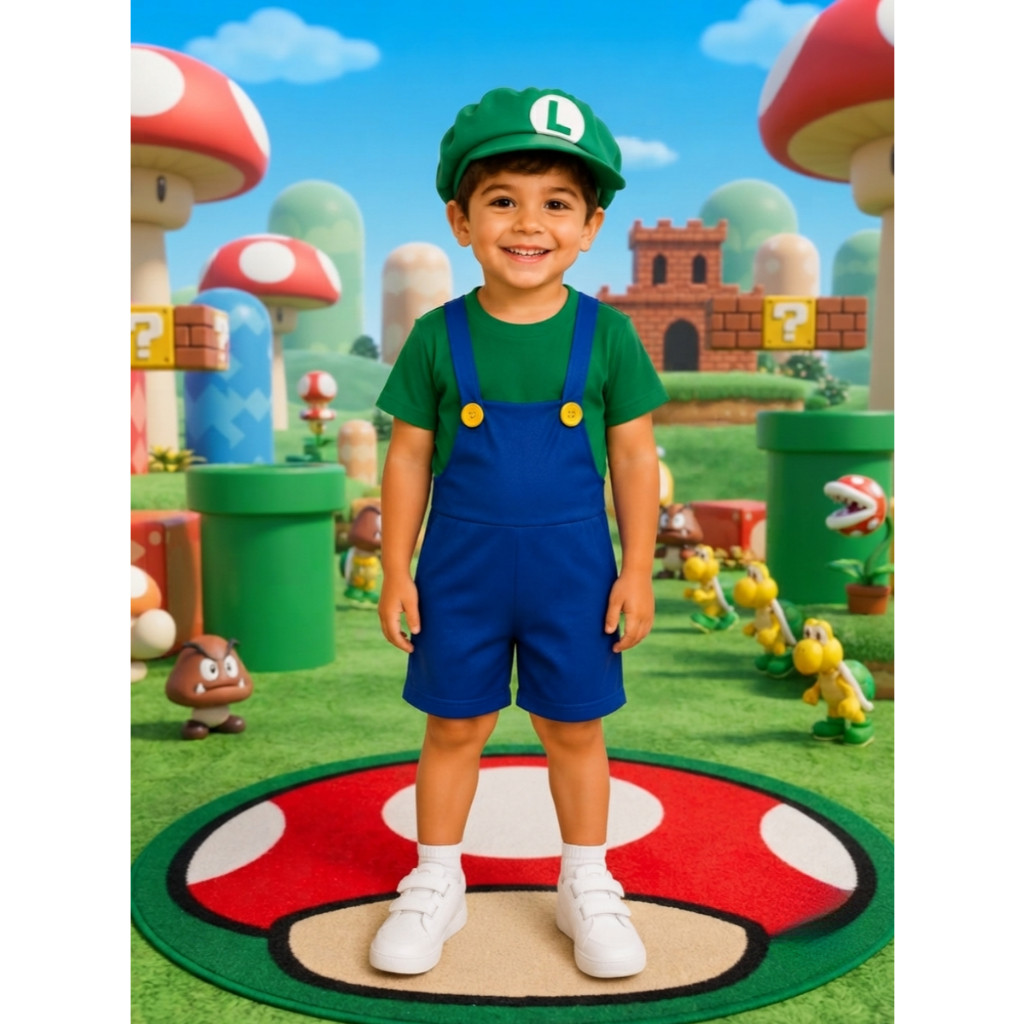Fantasia Infantil Luigi Mario Acompanha Jardineira Camiseta e Boina Roupa Leve e Confortável Meninos Conjunto