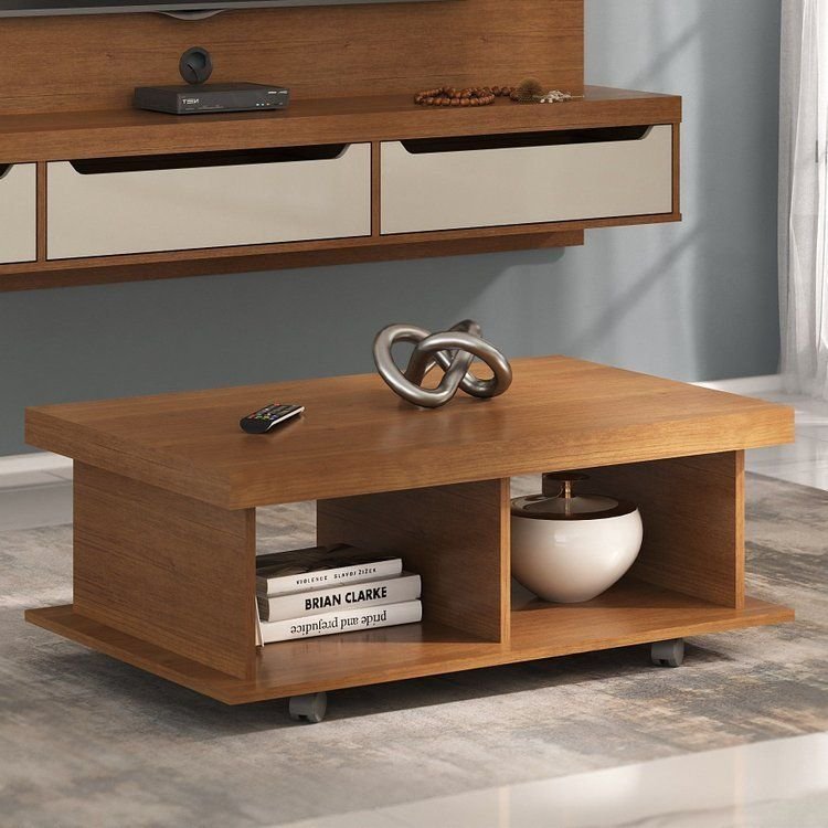 Mesa de Centro Retangular Tampo em Tamburato 50mm com Rodizios Dunas Marrom Cinamomo