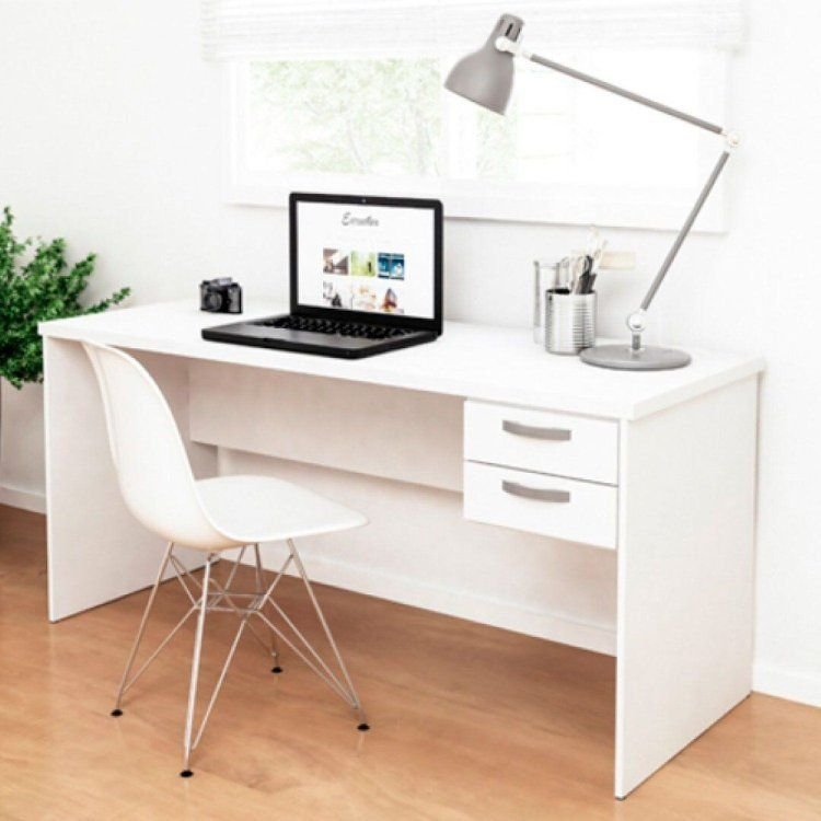 Mesa de Escritório Escrivaninha com Gaveta 2 Gavetas 140cm Branco Branco