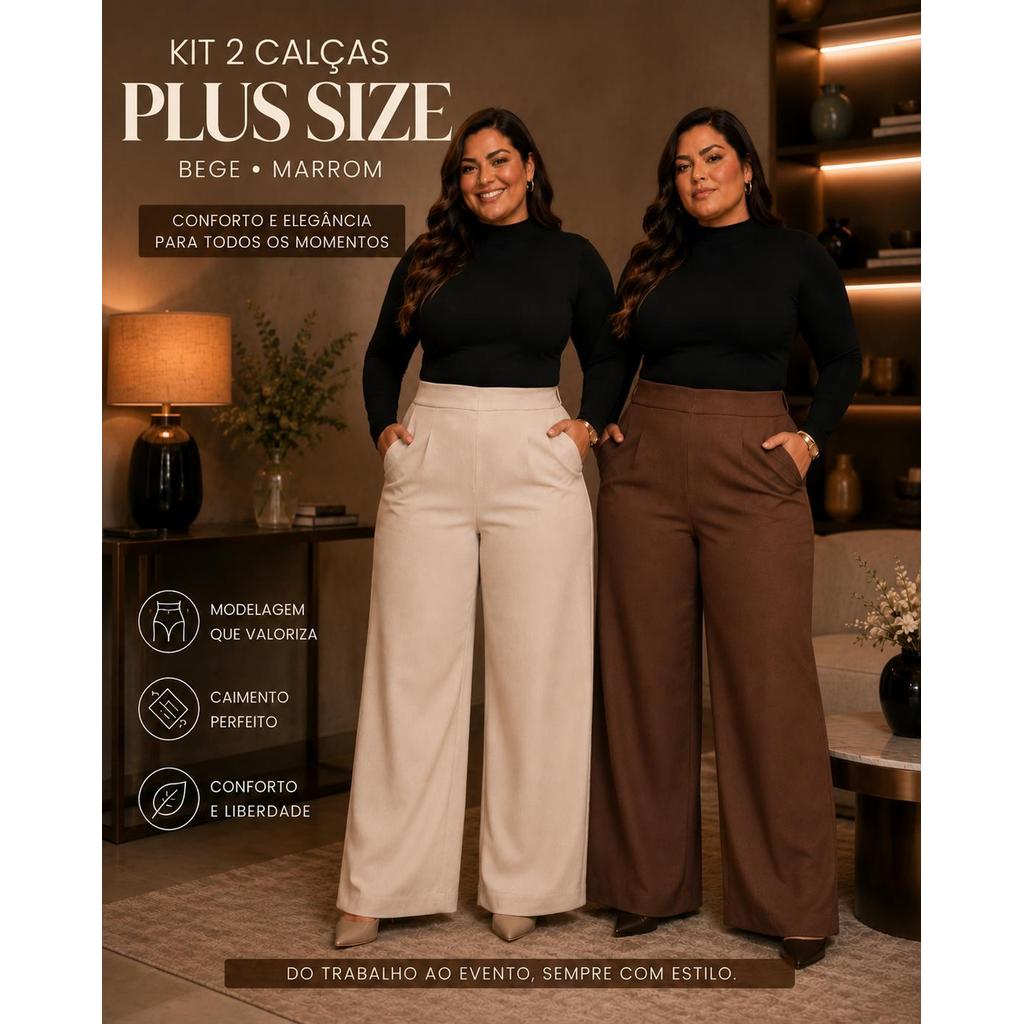 Kit Calça Wide Leg Plus Size Feminina com Bolso Cós Elástico Alfaiataria Marron Preto Bege Elegante