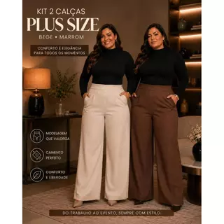 Kit Calça Wide Leg Plus Size Feminina com Bolso Cós Elástico Alfaiataria Marron Preto Bege Elegante