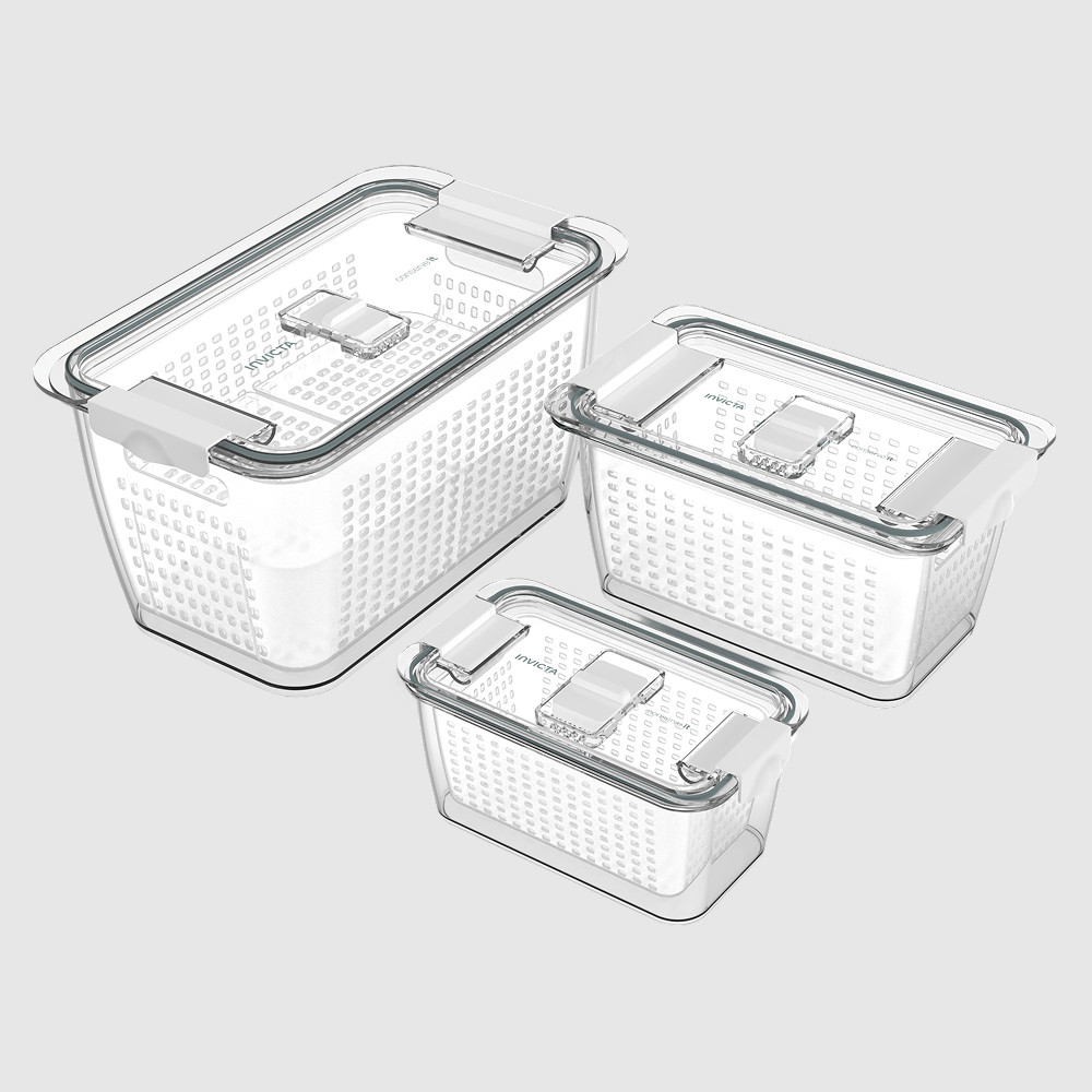 Kit com 3 Potes Organizadores de Geladeira Conserve It com Cesto Branco Invicta