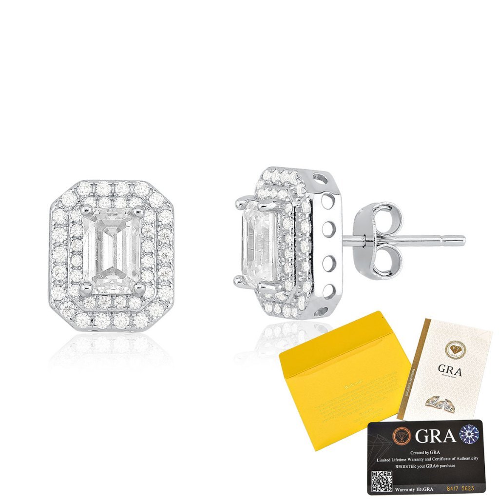 Brinco Moissanite de Prata 925 Lapidação Retangular Cravejado