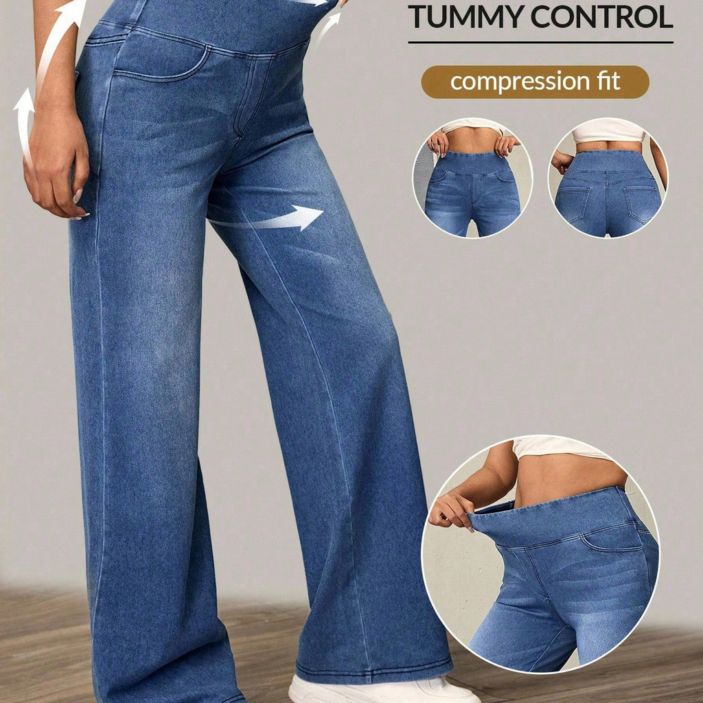 Moda malha Denim solto confortável estiramento Jeans feminino cintura alta perna larga Drape calças de perna reta